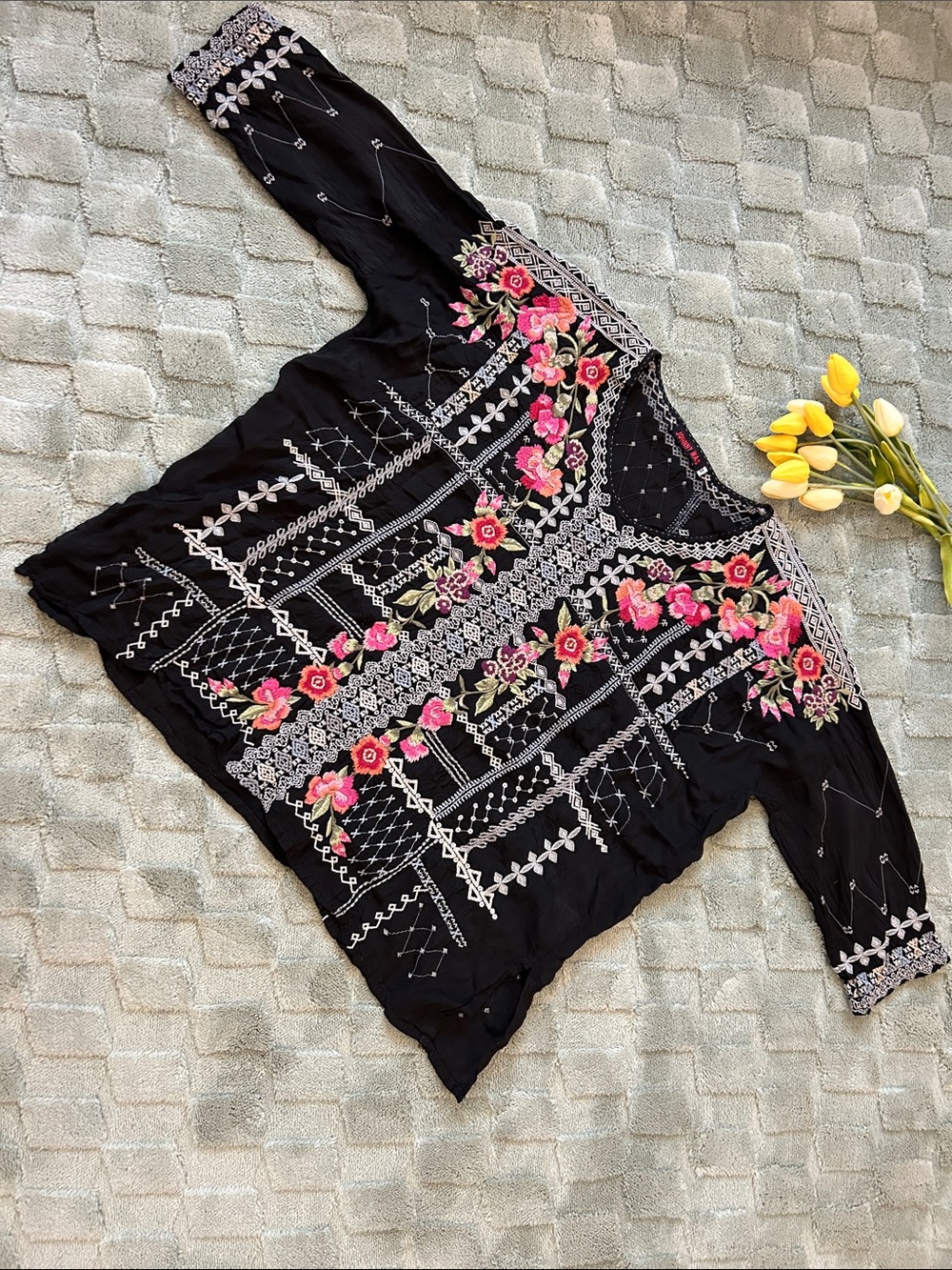 Johnny Was Black Blouse with Pink Floral Embroidery - Picture 2 of 10